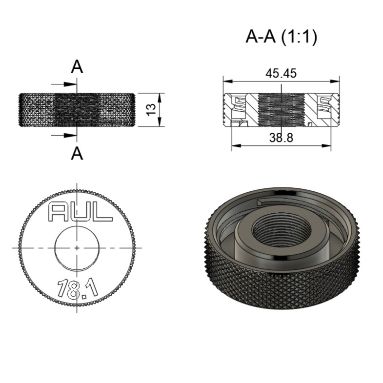 Technical drawing: juice bottle adapter body, 45.45 mm diameter, 13 mm high, thread marking 18.1